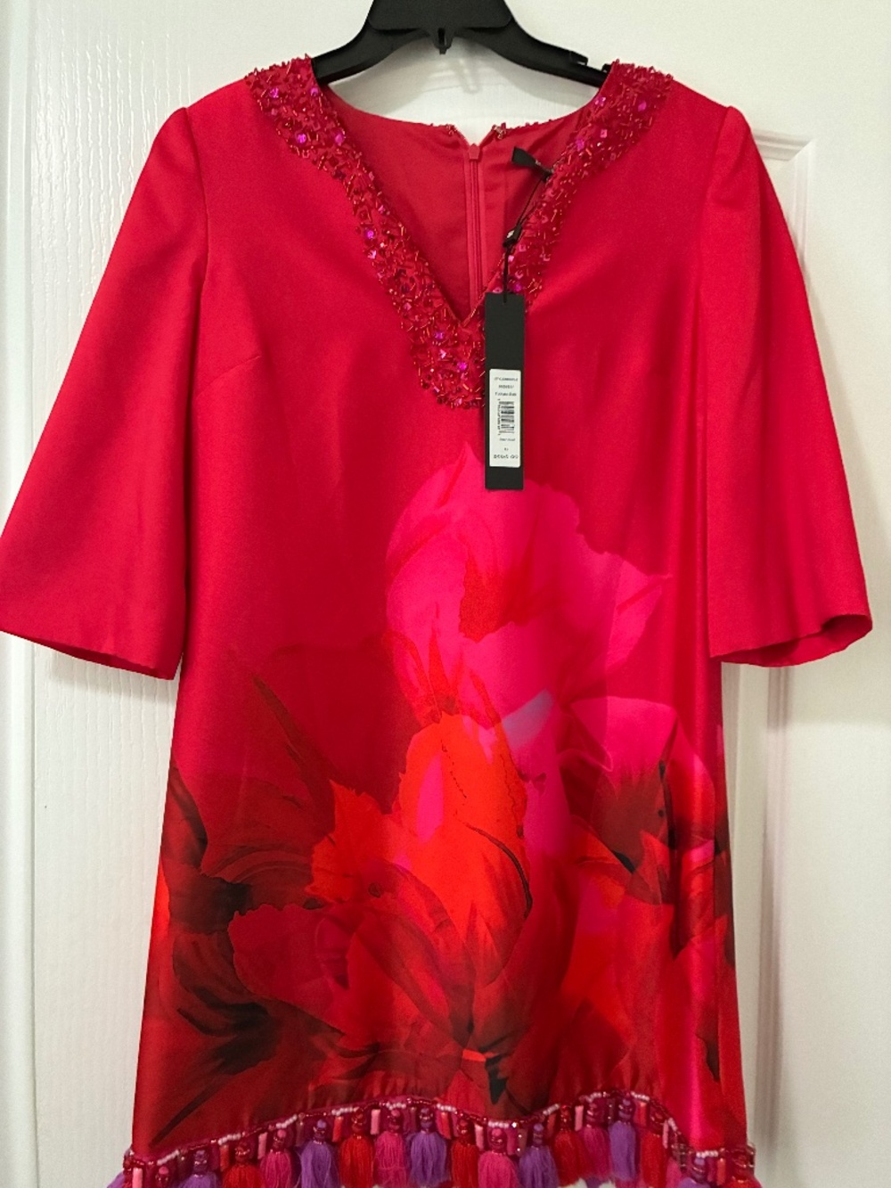 Badgley Mischka Red Floral Beaded Tunic Dress  with Tassels
